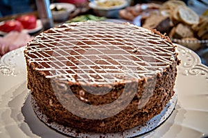 Chocolate cake on dinner table for clebration