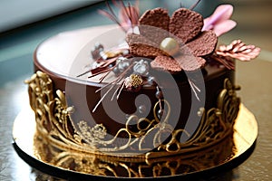 a chocolate cake with a flower decoration