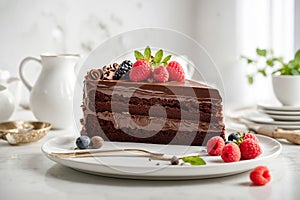 Chocolate cake with fresh berries on a white kitchen countertop, generative AI