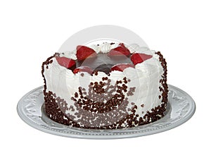 Chocolate cake frosted in buttercream and topped with strawberries isolated on white