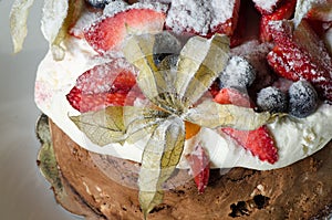 Chocolate cake with fruits decoration