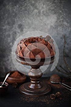 Chocolate cake on a high wooden stand. Unusual muffin
