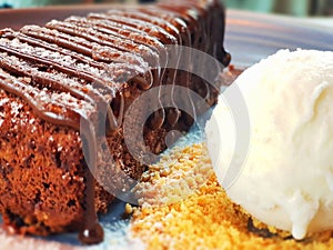 Chocolate cake and ice cream