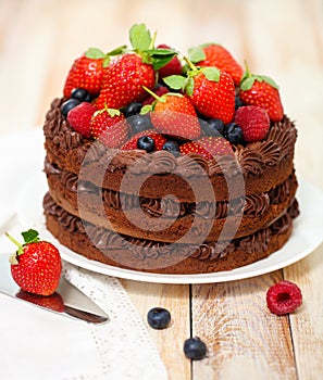 Chocolate cake with icing and fresh berry