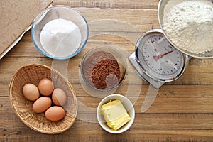 Chocolate cake ingredients ready to be mixed