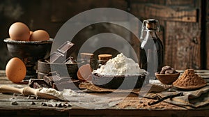 Chocolate cake ingredients on a rustic wooden background