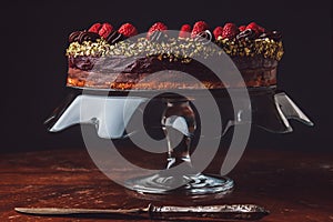 Chocolate cake with marzipan and raspberries