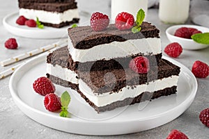 Chocolate cake with milk cream filling on a white plate with fresh raspberries and mint with bottles of milk. Delicious dessert.