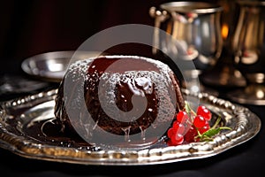 chocolate cake with molten center on a silver platter