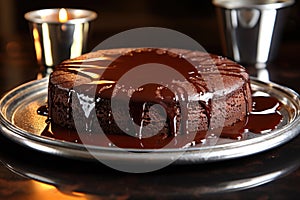 chocolate cake with molten center on a silver platter