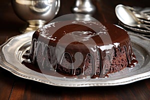 chocolate cake with molten center on a silver platter