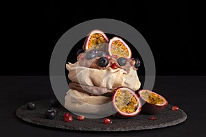 Chocolate cake pavlova with mix fruit