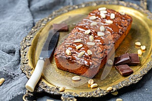 Chocolate cake with peanut butter and chocolate frosting