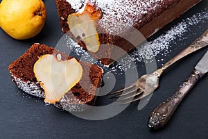 Chocolate cake with pears close-up