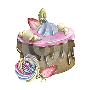 Chocolate cake with pink icing, marshmallows, meringue and strawberries. Watercolor illustration hand drawn. Isolated