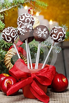 Chocolate cake pops in christmas setting