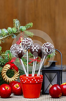 Chocolate cake pops in christmas setting