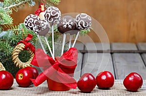 Chocolate cake pops in christmas setting