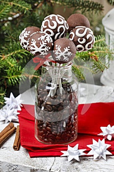 Chocolate cake pops in christmas setting