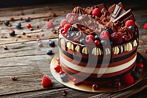 chocolate cake with raspberries and chocolate drizzle on top. World Chocolate Day