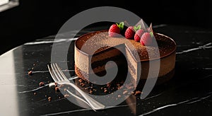 Chocolate Cake with Raspberries on Marble Surface