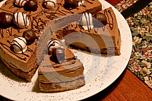 Chocolate cake on a restaurants table