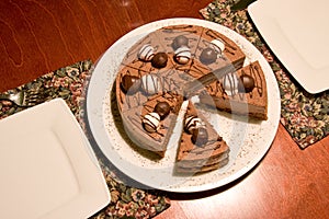 Chocolate cake on a restaurants table