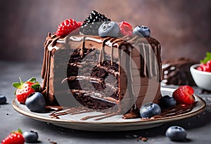 Chocolate Cake with Rich, Fudgy Frosting - Ultra Detailed Hyper-Realistic Food Photography