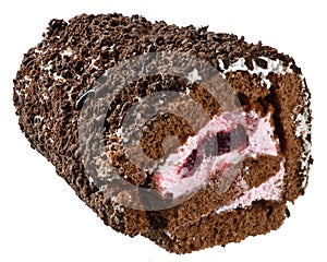 Chocolate cake roll with cream filling isolated