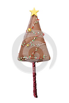 chocolate cake in shape of christmas tree on white background