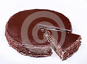 Chocolate cake slice with curl on white background