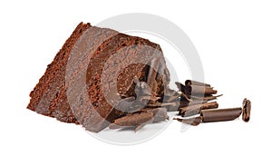 Chocolate cake slice with curl on white background.