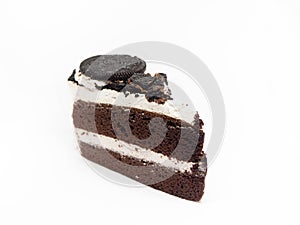 Chocolate cake slice with curl on white background