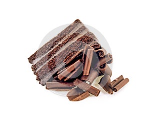 Chocolate cake slice with curl on white background