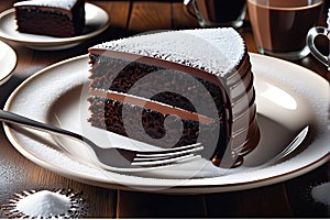 Chocolate cake slice hyper-realistic photo glistening fudge icing visible texture of the sponge