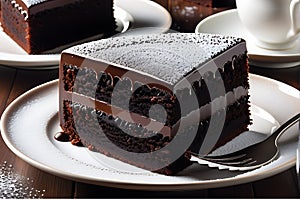 Chocolate cake slice hyper-realistic photo glistening fudge icing visible texture of the sponge