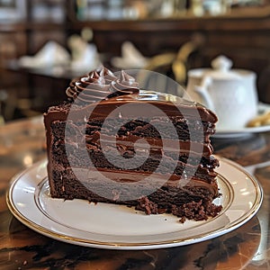 Chocolate cake slice, rich melting layers, side angle, warm kitchen setting