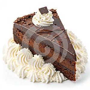 Chocolate cake slice on whipped cream