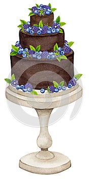 Chocolate cake on a stand decorated with berries and mint. Watercolor holiday clipart