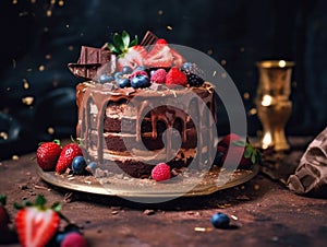 A chocolate cake with strawberries, blueberries and chocolate. Generative AI image.