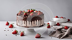 chocolate cake with strawberries A chocolate cake with milk cream on a white plate.