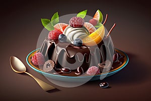 A chocolate cake with strawberries and chocolate sauce on a plate with a flower chocolate decoration on the side of the