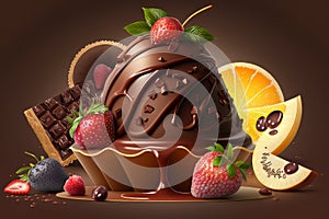 A chocolate cake with strawberries and chocolate sauce on a plate with a flower chocolate decoration on the side of the