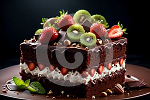 chocolate cake with strawberries, cottage cheese, fruits