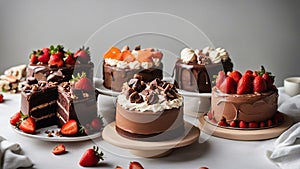 chocolate cake with strawberries different cakes on a white tablecloth. The cakes are round and have various toppings