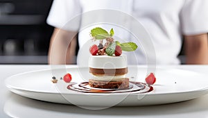 Chocolate cake with strawberries and mint on a white plate in the kitchen