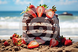 Chocolate cake with strawberries. Strawberry cake on the beach. Sliced chocolate sponge cake. Sliced roll vanilla sponge
