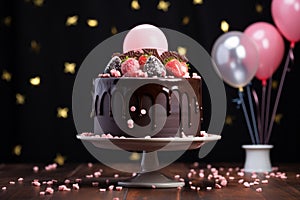 Chocolate cake with strawberries, sweet crumbs, on a white stand, balloons in the backdrop. AI Generated