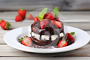 a chocolate cake topped with strawberries on a white plate