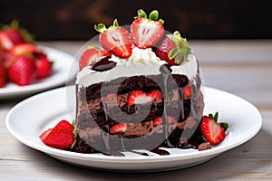 a chocolate cake topped with strawberries on a white plate